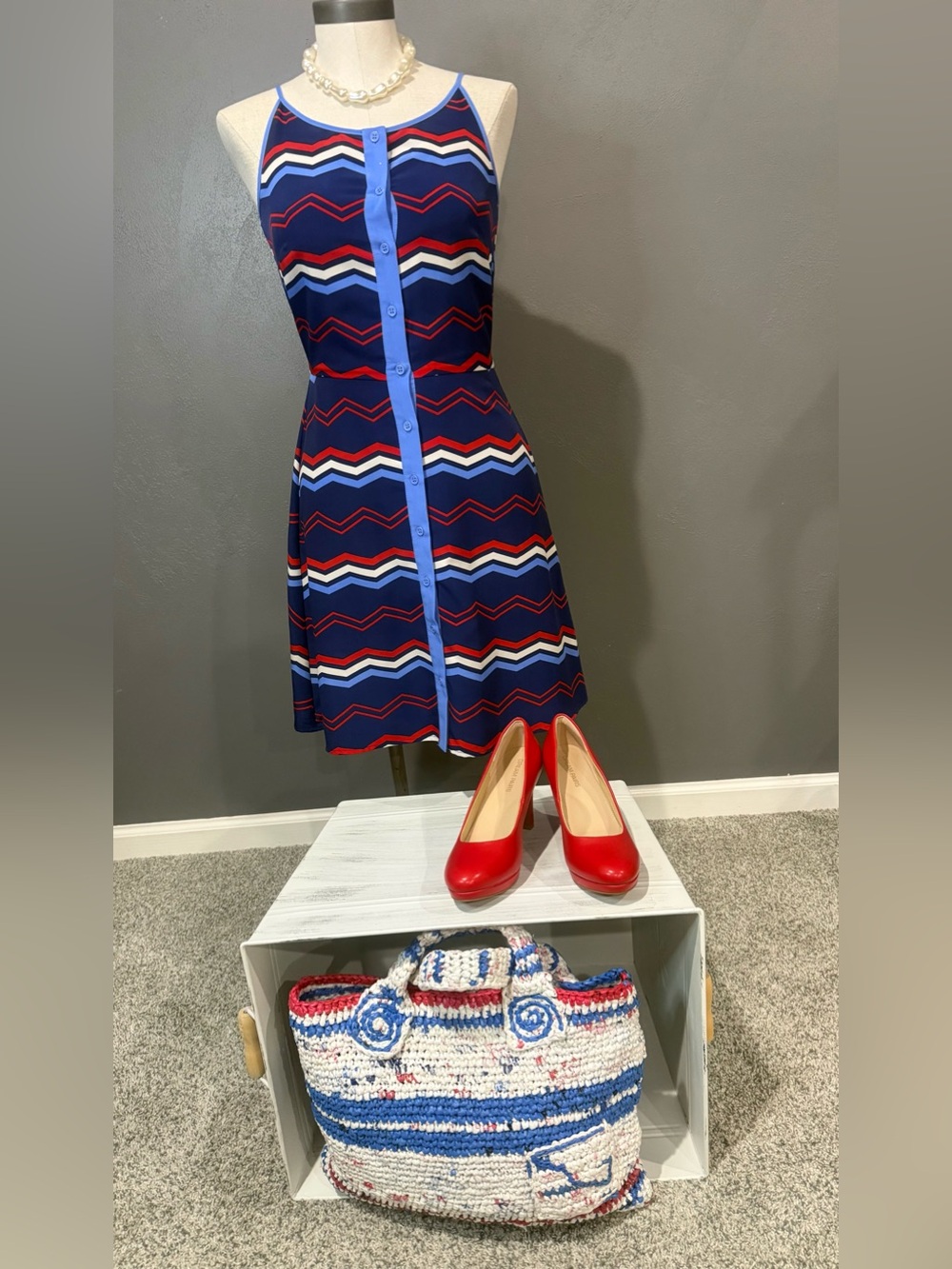 Daniel Cremieux Navy, Red & Light Blue Zigzag Midi Dress